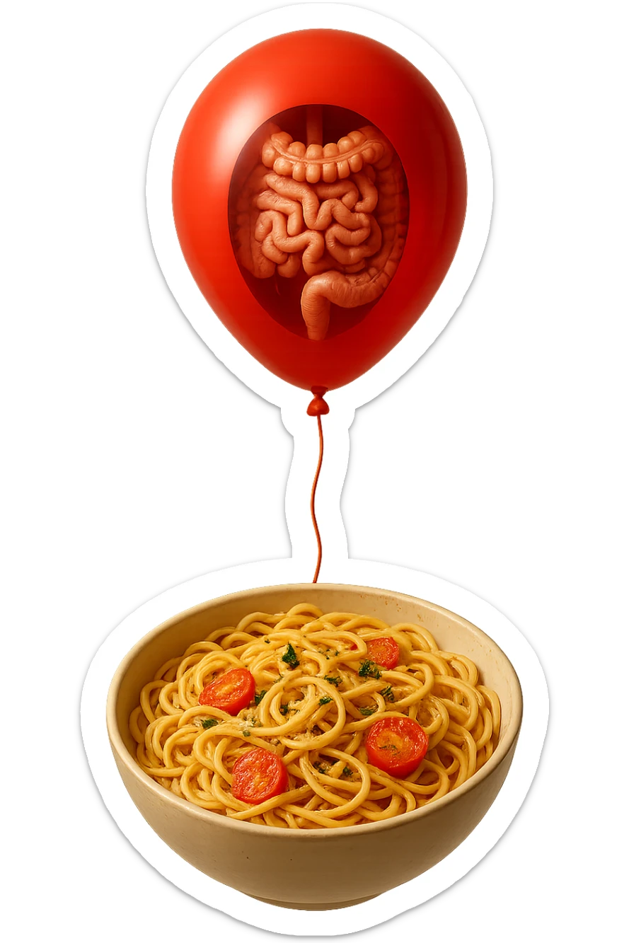 bowl di pasta fluttua in aria insieme ad un palloncino rosso con all'interno un intestino umano anatomico realistico, iperrealistico 4k sticker