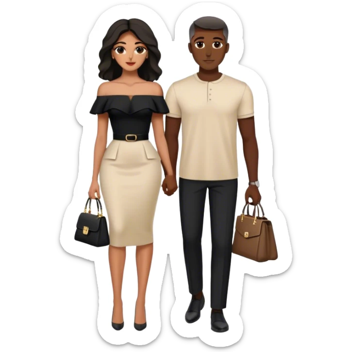 the Lebanese man dressed in all black, and the Palestinian woman in an elegant off-shoulder cream-colored outfit with a matching handbag. sticker