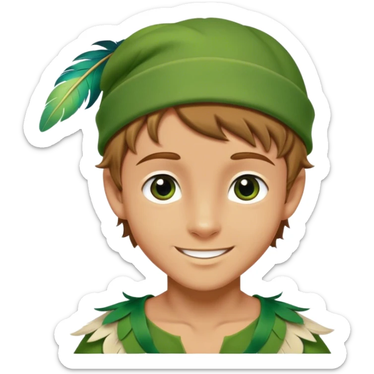 Cinematic Realistic Peter Pan Portrait, depicted with lifelike, youthful skin touched by a gentle sun-kissed glow. His bright, expressive eyes and confident smile evoke a timeless sense of wonder. Dressed in his iconic green tunic and feathered cap, every detail is rendered with soft, natural lighting that highlights his blend of innocence and courageous spirit. sticker