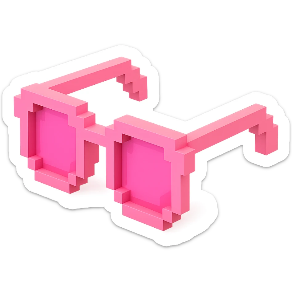 Voxel-style pink glasses with pink lenses, no background, detailed and intricate sticker