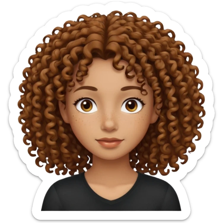 iPhone-style avatar icon of a morena woman, curly hair, some freckles, black shirt, simple and expressive sticker
