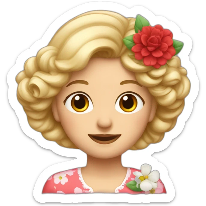 Une grand-mère avec des cheveux blonds et une chemise avec des fleurs avec des fleurs rouge sticker