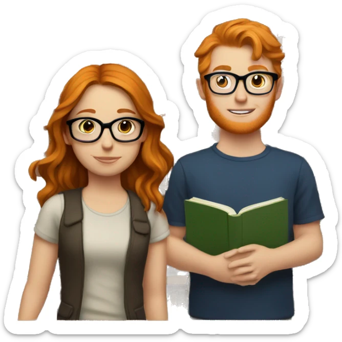 a ginger girl and a brunette boy, both with glasses. they have books in front of them, learn sticker