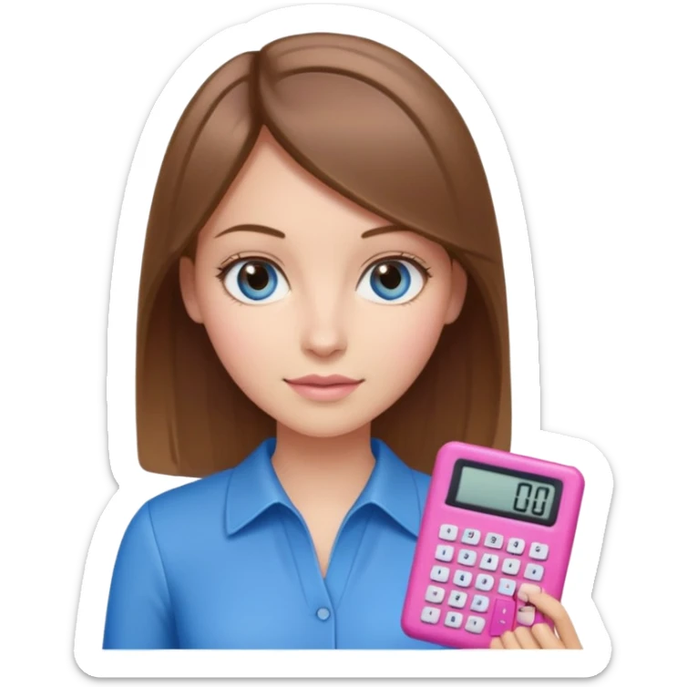 female with straight brown hair with blonde highlights and blue eyes holding a pink calculator sticker