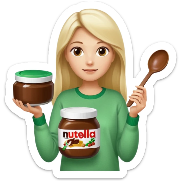 Blond woman with white and green pullover holds in one hand a big carriage of Nutella and in the other hand a oversized spoon which is in the carriage of Nutella. Her hair is long. And the Nutella jar is very big sticker