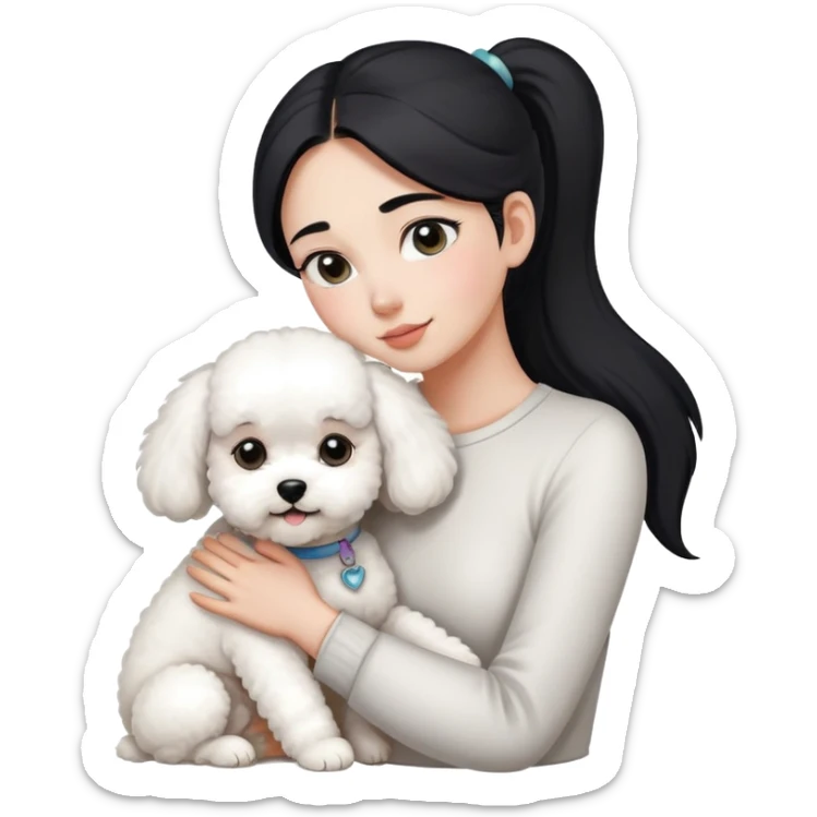 One long face girl with straight black hair in a ponytail，hugging one Bichon frise sticker