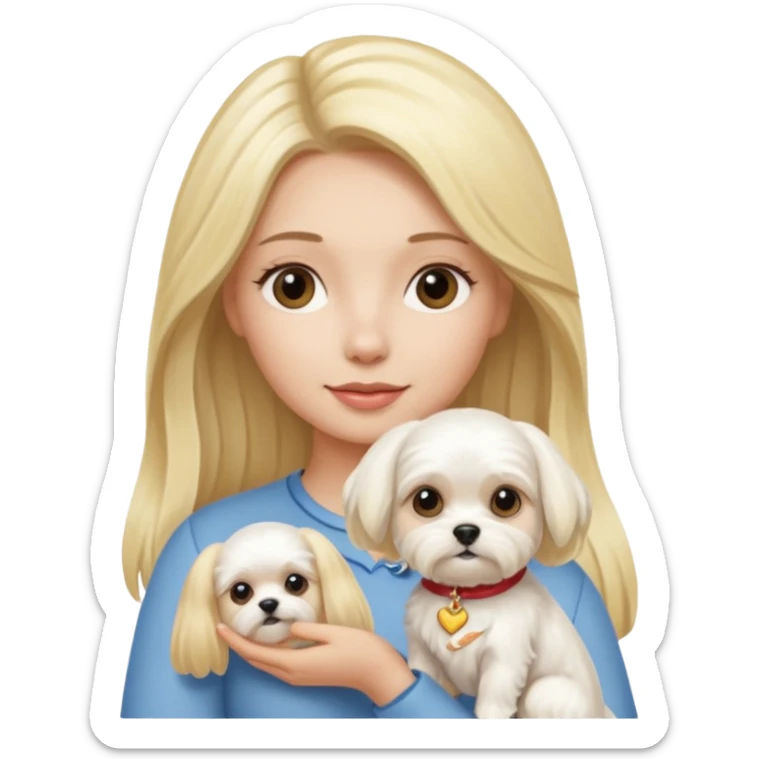 birthday woman with long blonde hair is holding a Maltese dog sticker