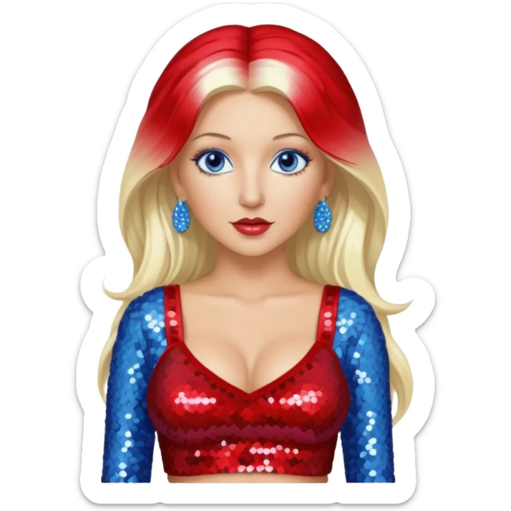 Christina Aguilera with long platinum blonde hair, periwinkle sequin crop top, red sequin pants, blue eyes sticker