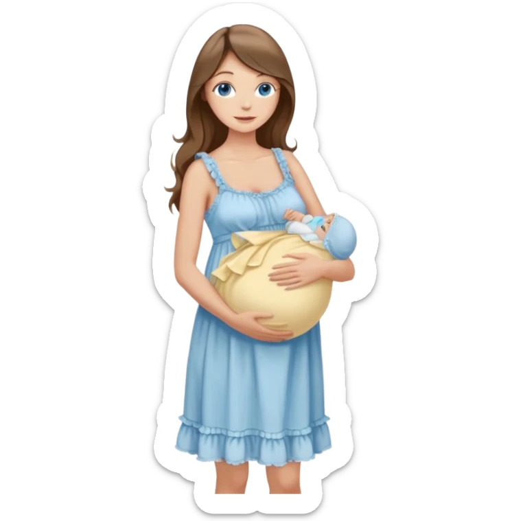 Beautiful Woman with Blue eyes, and long flowing almond brown hair and a light peachy tan skin tone, standing in a relaxed pose holding her visible baby bump in a frilly buttercream colored babydoll sundress  sticker