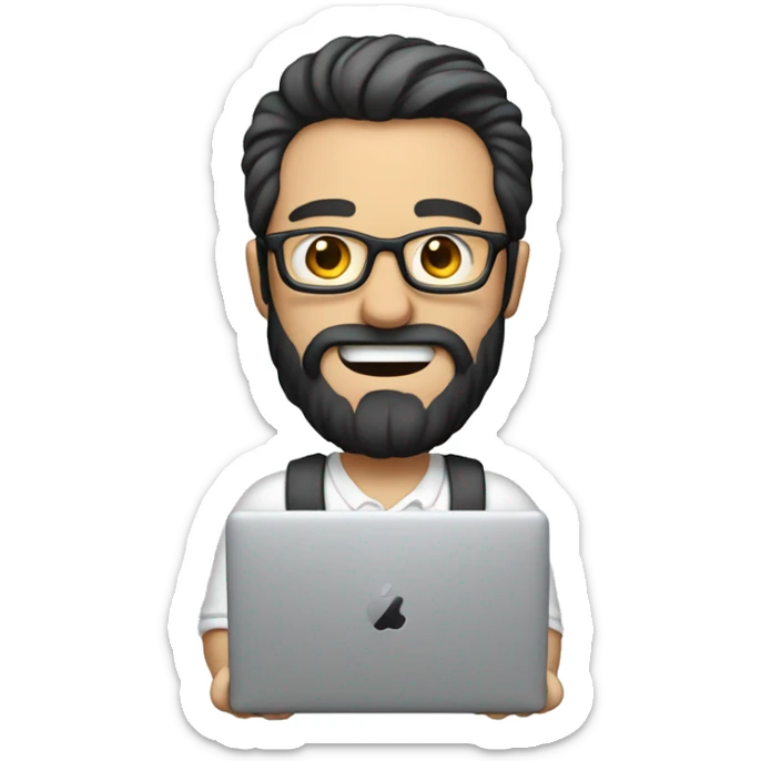 Emoji man with beard holding macbook in hands wearing glasses and shirt, profession - graphic designer. Features: white skin, full body type, dark hair, earring in left ear sticker