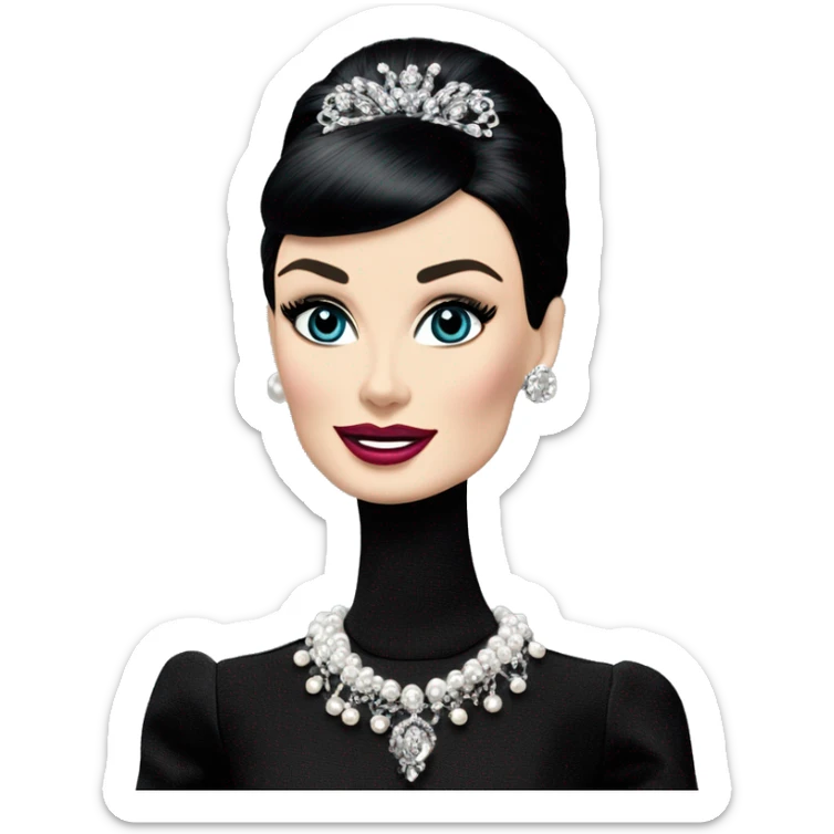 Glamorous Audrey Hepburn as Sabrina Barbie.Morticia Addams. Show full body. Embroidered long black gown jewelry gloves pearl earrings  sticker