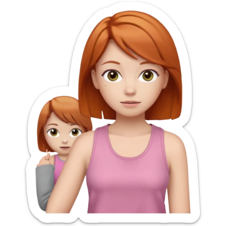 Create emojis of a girl with ginger hair and a hime haircut, gray eyes. She's wearing a pink tank top and a brown sweatshirt. sticker