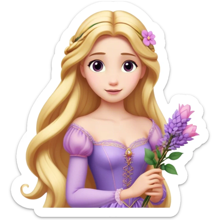 Cinematic Realistic Rapunzel Portrait, with porcelain-like skin featuring a subtle, natural glow, illuminated by soft lighting that brings out the gentle contours of her face. Her long, golden blonde hair cascades in detailed waves, each strand highlighted with a radiant shimmer as it catches the light. She playfully holds a flower in one hand, her other hand resting casually in her lap, with a warm and spirited expression. Her bright, expressive green eyes exude curiosity and warmth, framed by delicate lashes and soft, arched brows. She is dressed in her classic lavender and pink gown, the fabric textured with delicate folds that flow naturally, catching the light with a soft, radiant glow. The portrait captures a luminous, enchanting aura, seamlessly blending realism with a whimsical, fairytale charm, evoking a timeless sense of beauty and magic. sticker