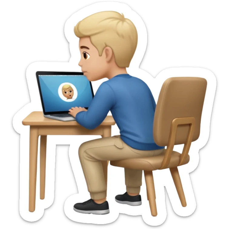 Memoji sitting on a chair from behind (pnly hair and back of the chair shown) focusing on laptop  sticker