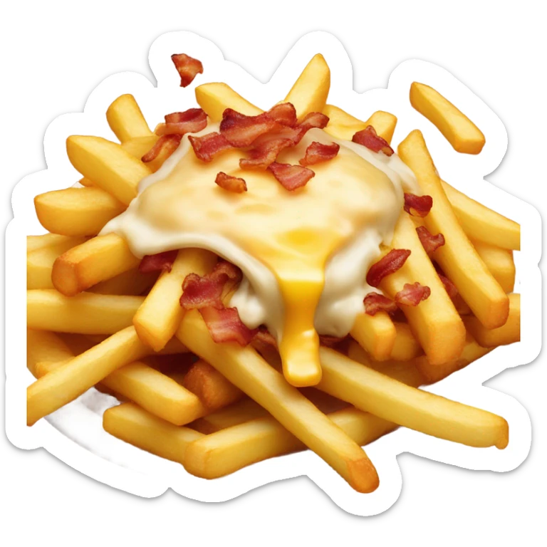 Pile of French fries covered in melted cheese and bacon bits sticker