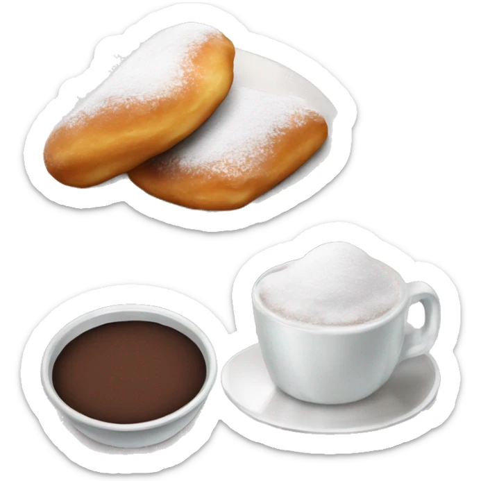 Realistic plate of powdered sugar beignet s with glass cup of chocolate dip. sticker