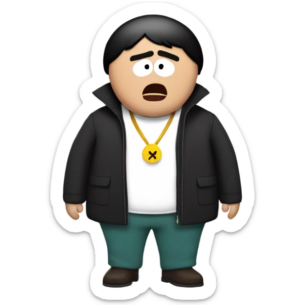 Surprised man with black hair in a Cartman (from the South Park TV Show) costume sticker