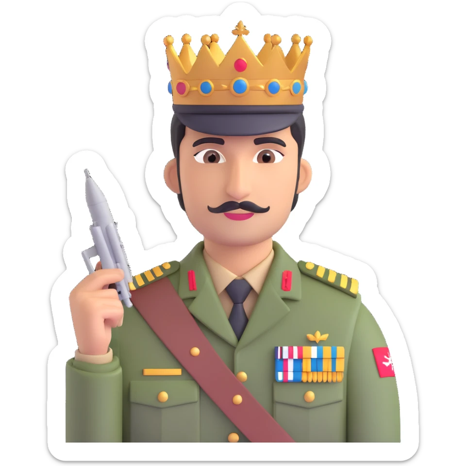 Pakistani soldier in uniform with a royal crown holding a miniature Indian jet, vibrant sticker