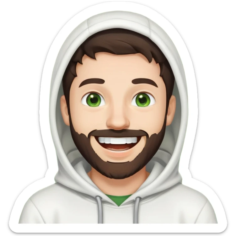laughing guy with white hoodie, green eyes, dark brown hair and a short full beard sticker