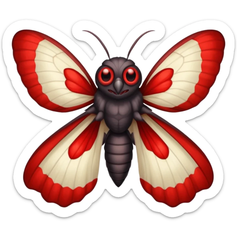 Create a scary emoji of the mothman with bright red eyes and as depicted in the legend. Make it less bird like and more Moth / Human hybrid- Human with Moth wings and Eyes sticker