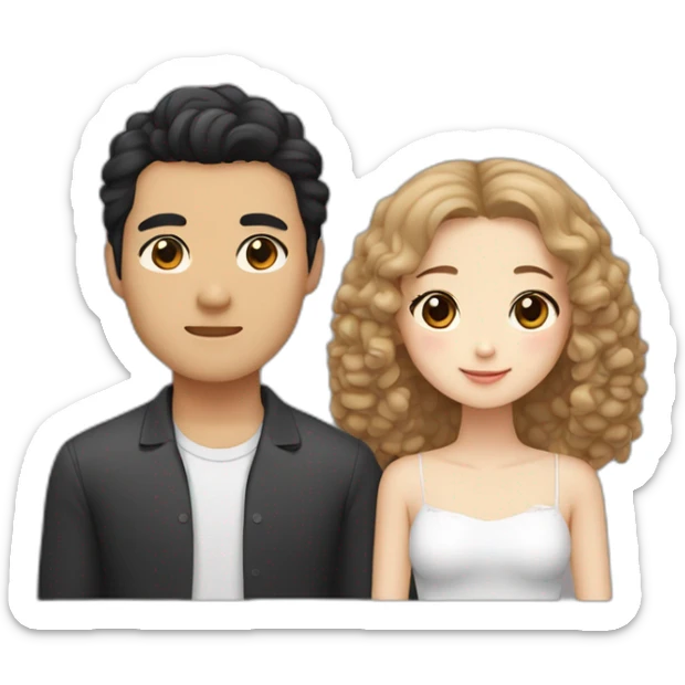 A couple consisting of asian korean man with dark eyes and black wavy hair and white girl with long straight blonde hair and brown eyes with brown toy poodle sticker