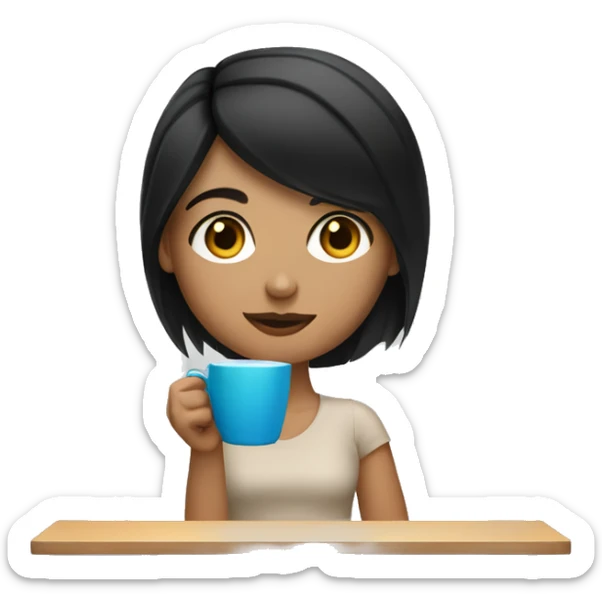 caucasian girl with straight black hair drinking coffee sticker