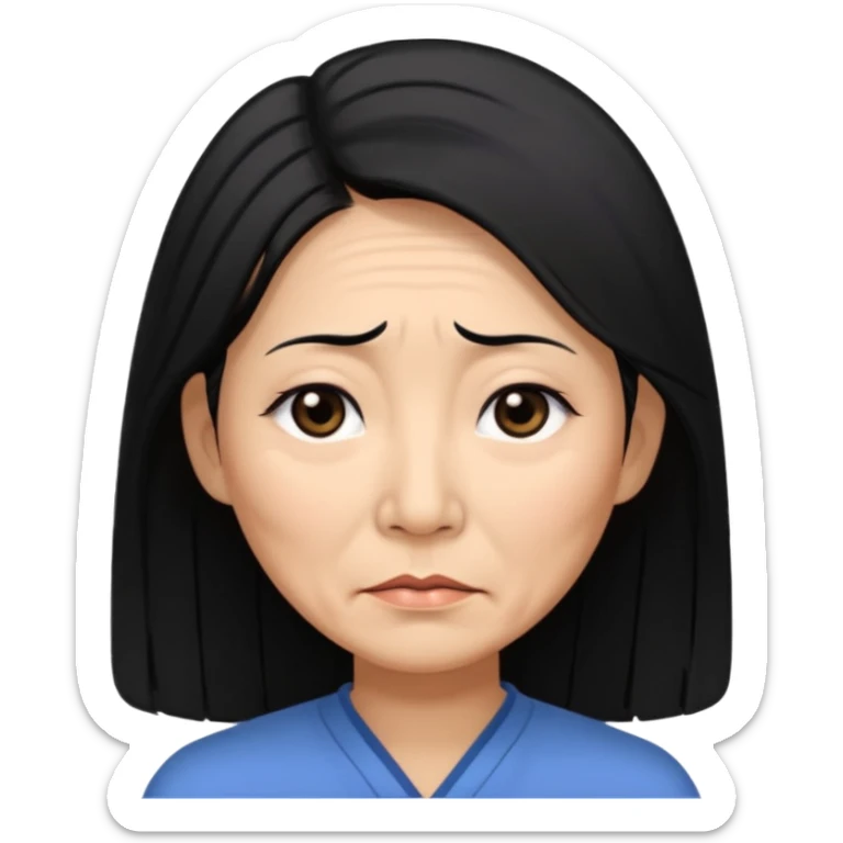 50 yr old asian woman, straight thick long black hair, big black, side part, tired sticker
