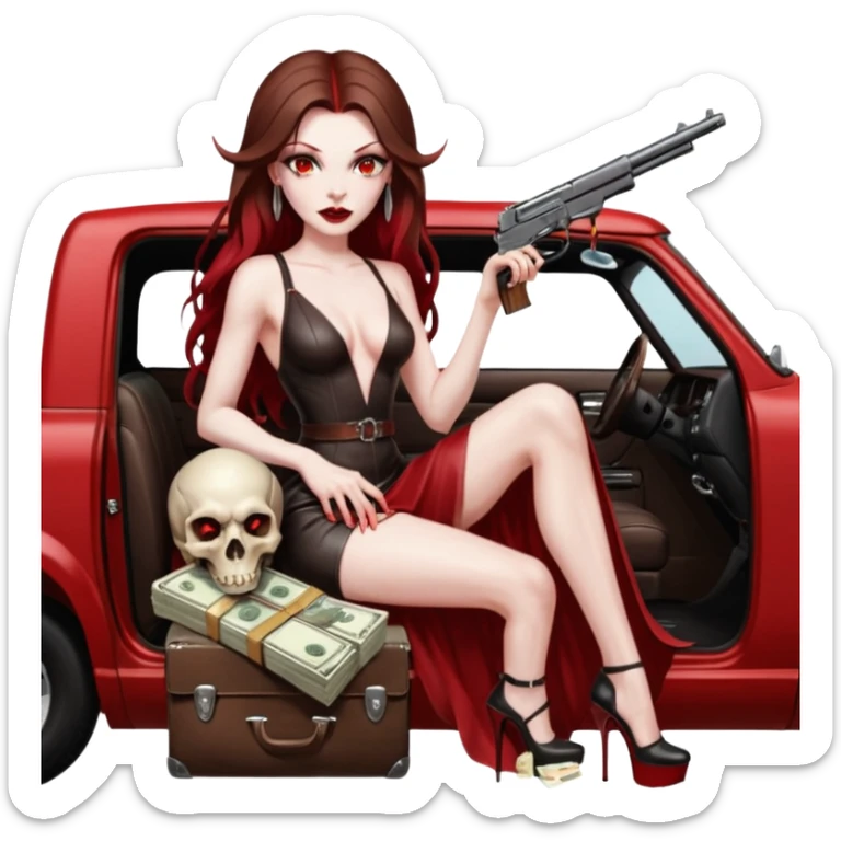 Lilith symbol red eye seductress evil long brown haired sexy succubus woman with leather long dress with slit on, sitting in Big Large F350 pickup truck. Platform long high heels on feet. Back seat full of stacks of cash, she is  Holding a man dead human skull of her enemies and a gun in other hand sticker