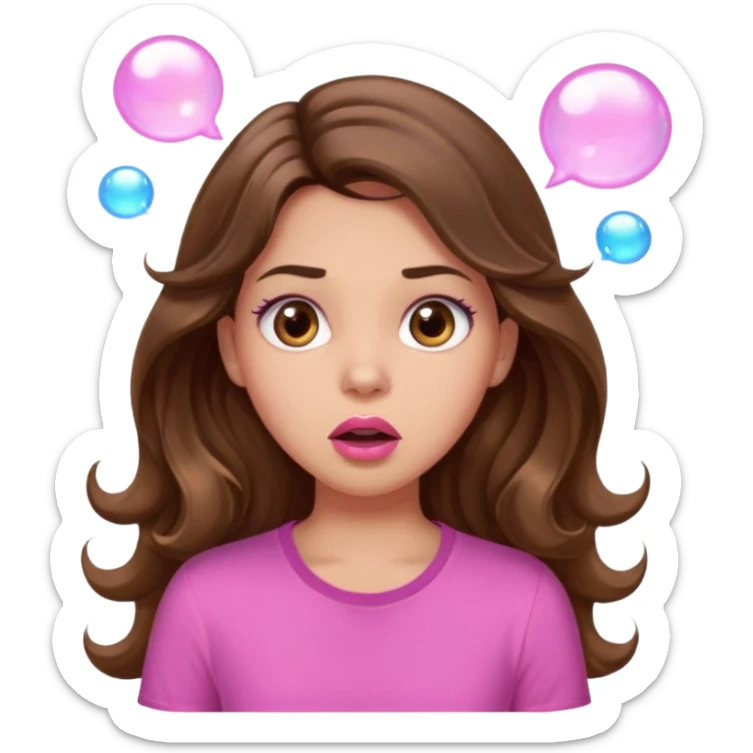 girl with long wavy brown hair, brown eyes, light to medium complexion, in a pink shirt, pink lips, long lashes, surprised, wow bubble sticker