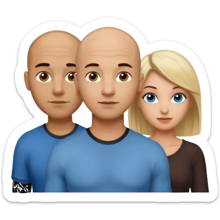 tattooed completely bbald brown eyed male with blonde haired blue eyed big boob female with brunette haired brown eyed big boob female throuple  sticker