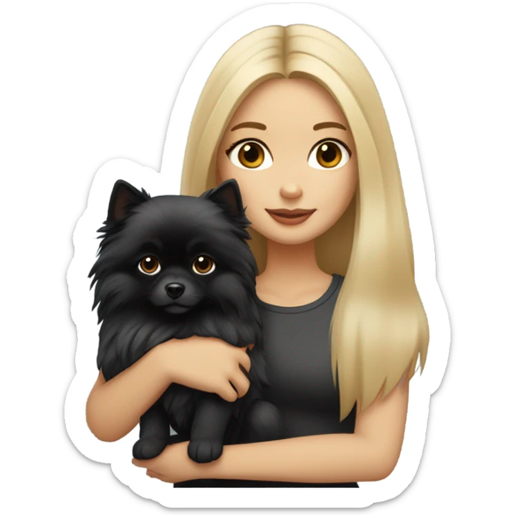  blonde girl, medium-length straight hair, full lips, gray eyes, fair skin, holding a black Pomeranian with tan in her arms sticker