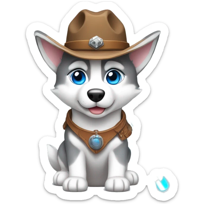 Gray Siberian Husky with blue eyes puppy wearing a cowboy hat dressed in Jedi clothing Holding a Lightsaber with the Paw sticker