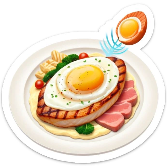 Floating plate with protein foods: large golden chicken breast in the center, smaller salmon fillet, red meat steak, and an egg, all orbiting a DNA double helix, with energy rays connecting to a muscular figure silhouette sticker