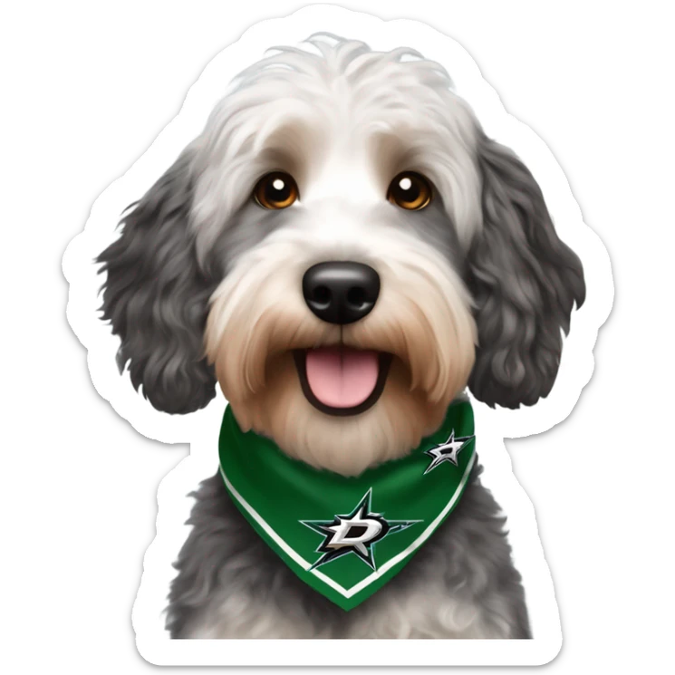 Multicolored Aussiedoodle wearing a bandana with the NHL Dallas Stars hockey team logo sticker
