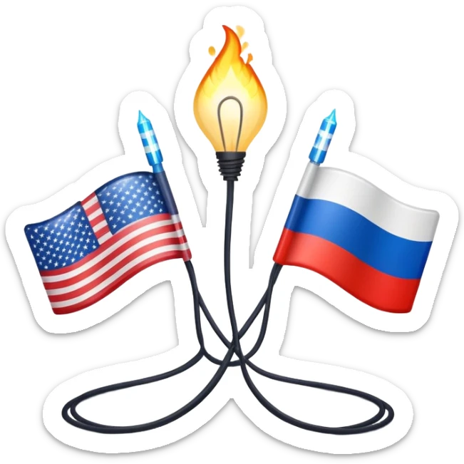 symbolic hot wire connecting Russia and USA with Russian and US flags at each end, glowing wire in the middle, tense atmosphere sticker