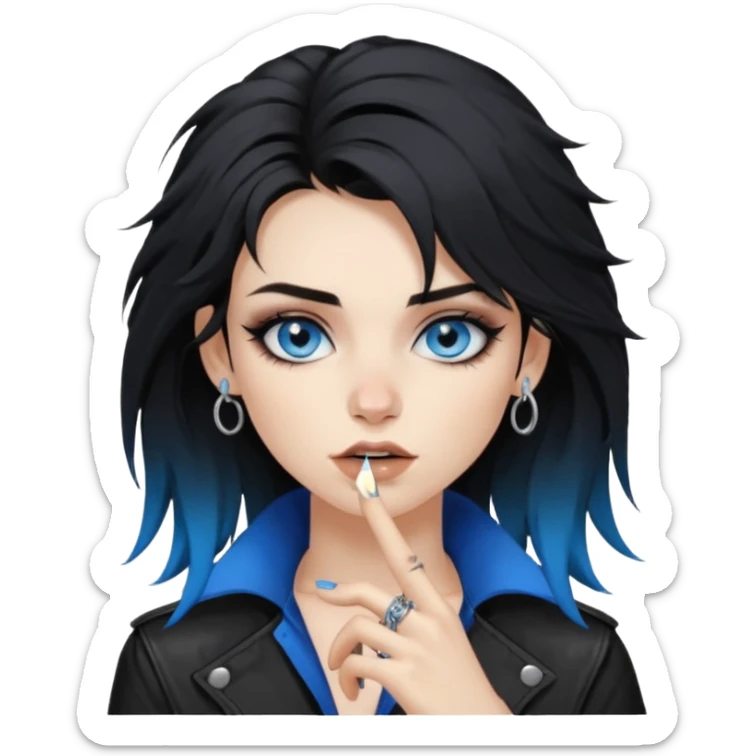 
 rockstar girl with black disheveled hair, blue eyes, Smokey eyes grunge makeup, ring on the side of the nose sticker