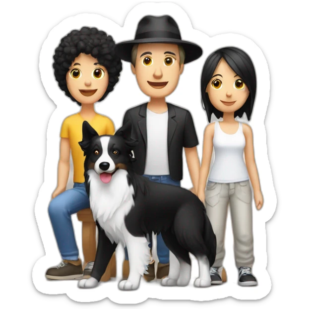 white family group consisting of man in hat and woman with black ponytail long hair and small black border collie dog sticker