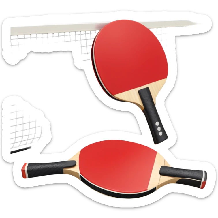 Two table tennis paddles and a ball placed on a ping pong table, with the net in the background. The scene conveys the simplicity and focus of the sport, with vibrant colors highlighting the rackets and ball on the smooth surface of the table. sticker