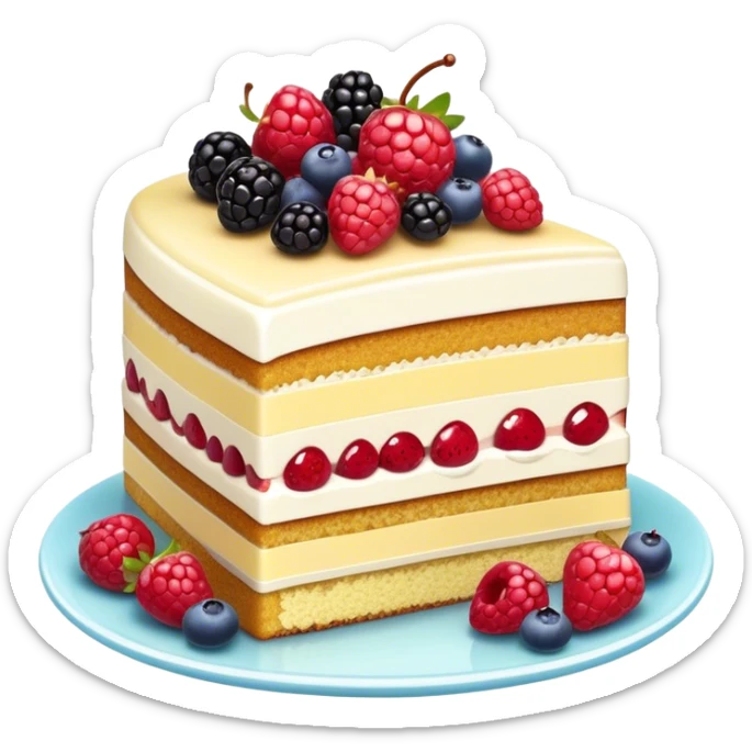 Cinematic luxurious slice of cake, delicate layers of moist sponge and rich frosting, beautifully decorated with fresh berries and a glossy glaze, soft glowing light, elegant and indulgent. sticker