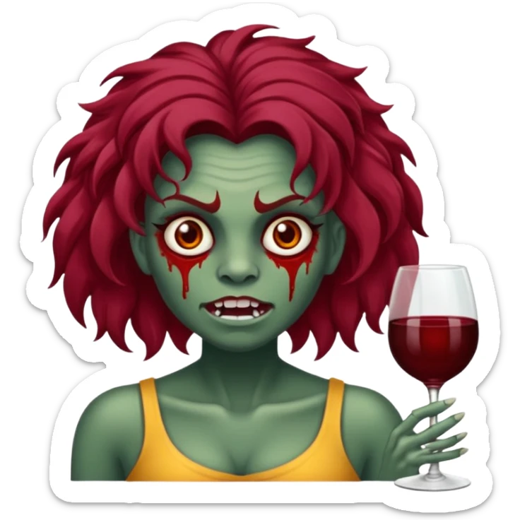 Uma zumbi garota com cabelo vermelho vinho ondulado e grande e franja grande reta sticker