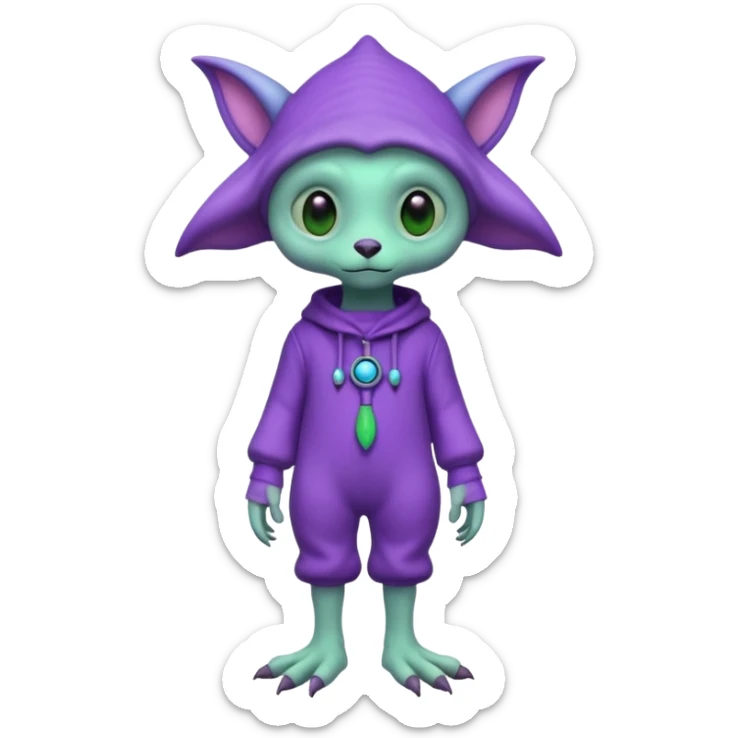 full body cute roughly humanoid peacefull alien furry with 2 legs and eye stalks stands upright and looks intelligent ...wears clothing. not green..looks happy and cudly... has 3 eyes...the alien has 3 eyes....it has an extra eye on single stalk on top of head sticker