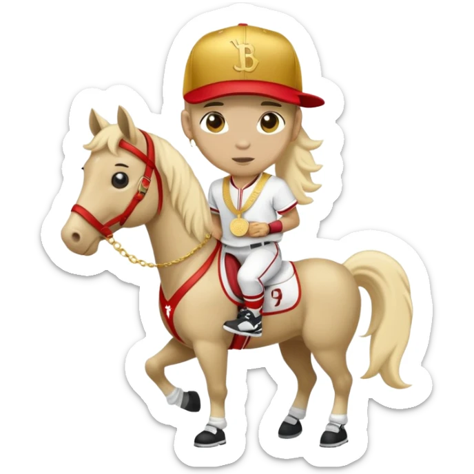 anthropomorphised horse in a hip-hop outfit, wearing a gold medal and a baseball hat sticker