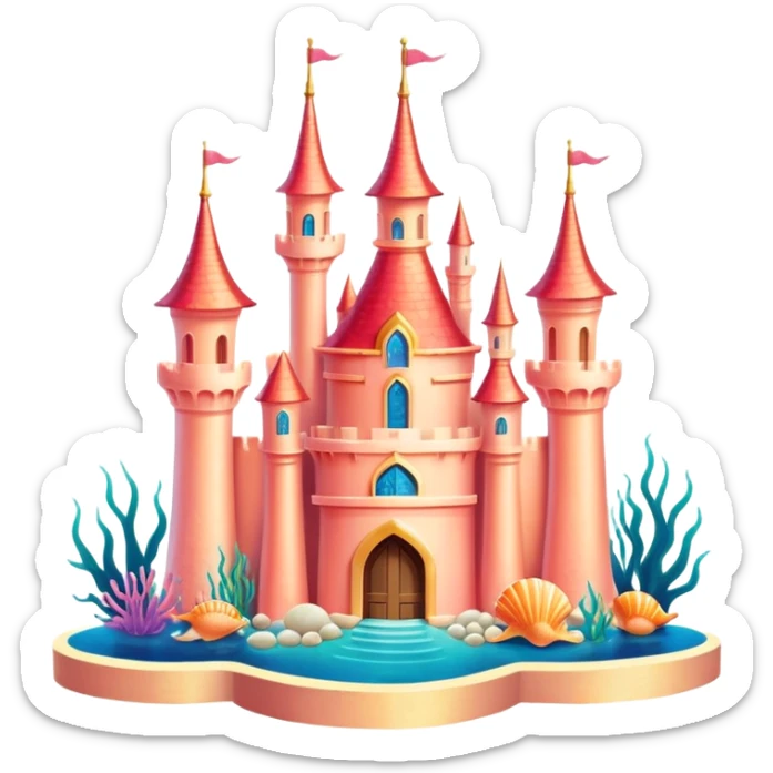 Ariel's underwater castle from The Little Mermaid, golden spires, colorful coral, seashell architecture, simple, white sticker