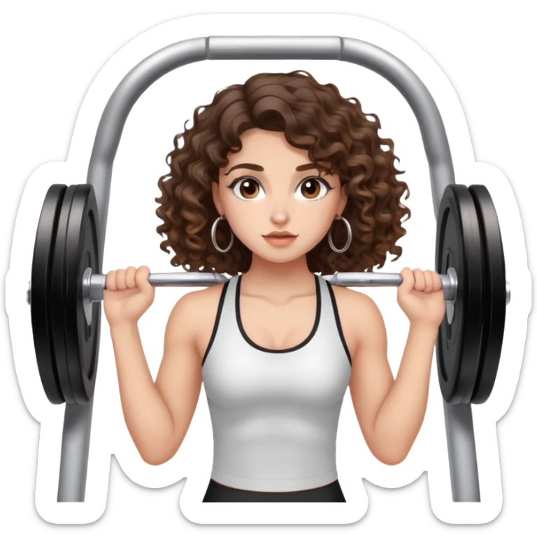 cute girl long brunette balayage curly/wavy not voluminous hair, brown eyes, hoop earrings, natural pretty clean makeup: at the gym struggling with lifting weights sticker