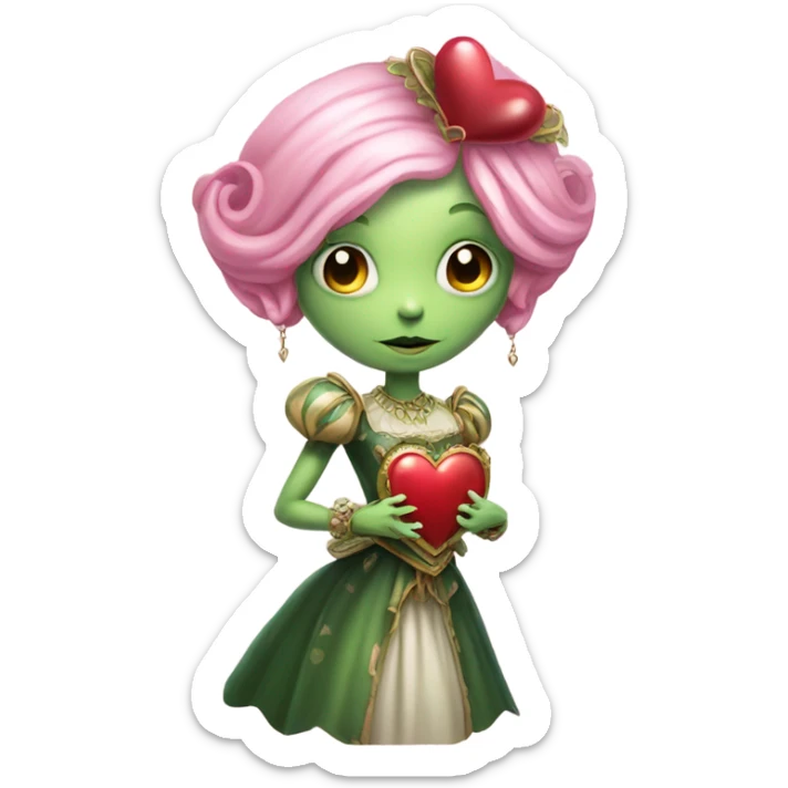 a green amazon alien woman in Victorian white gold, pink hair full body,holdig red big hearth sticker