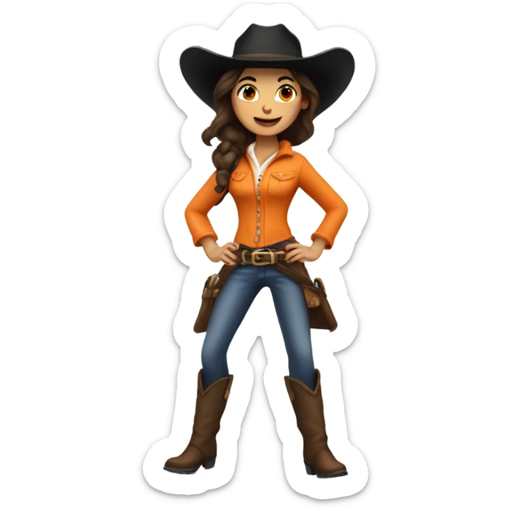 jumping brunette cow girl with tan skin, orange burnt coat, black hat sticker