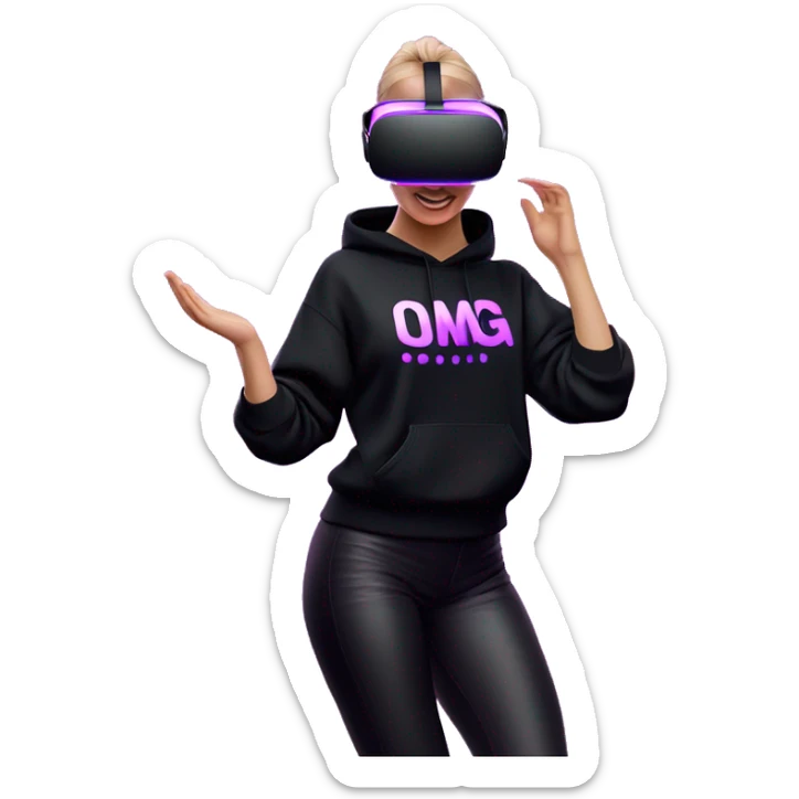 Russian girl wearing black hoody with violet letters "OMG", in vr headset oculus quest2. Dancing. Cyberpunk style. Violet neon. sticker