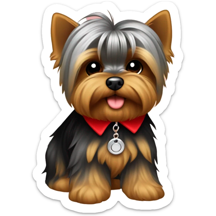 yorkie mezclado con silky pequeño con pelaje café y gris pequeño con collar rojo con cuadros negros  sticker