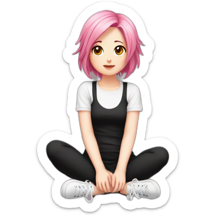 Full body Front view curvy emo girl pink hair sits on the floor straight view hands up black skirt белые трусики sticker