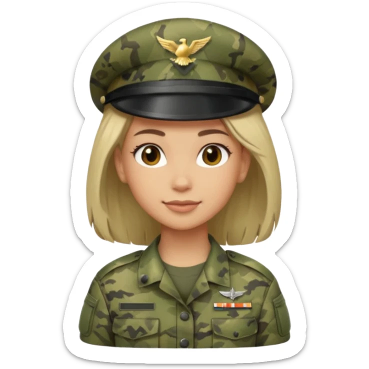 Female soldier emoji in Apple style, no cap/helmet, bust portrait, gentle smile, generic camo, hair visible, soft gradients, transparent PNG sticker
